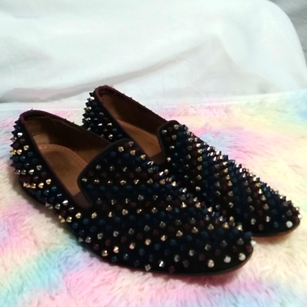 Christian Louboutin Red and Black Studded Loafers